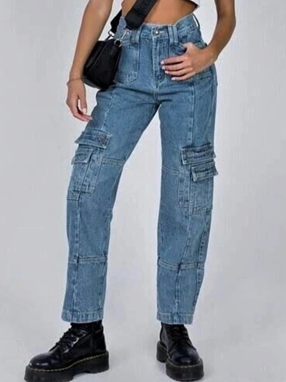 NWT Lioness The Stacey Cargo Jeans High Rise Straight Leg Light Blue Size 6/M